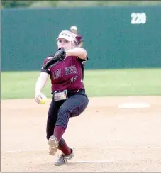  ?? MARK HUMPHREY ENTERPRISE-LEADER ?? Lincoln starting pitcher Aayden Massey winds up against Gentry. Massey won twice during the 4A-1 District Softball tournament last week to propel the Lady Wolves into the 4A North Regional at Dover this week.