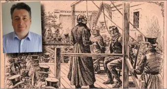  ??  ?? Esther and Hugh Loughridge are hanged in a scene from Allen Foster’s new ‘Book of Irish Murder’. Inset: Author Allen Foster.