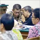  ?? ZAIM ARMIES/JAWA POS ?? KONSULTASI: M. Basuki berbicara dengan penasihat hukumnya, Indra Priangkasa, di pengadilan tipikor.