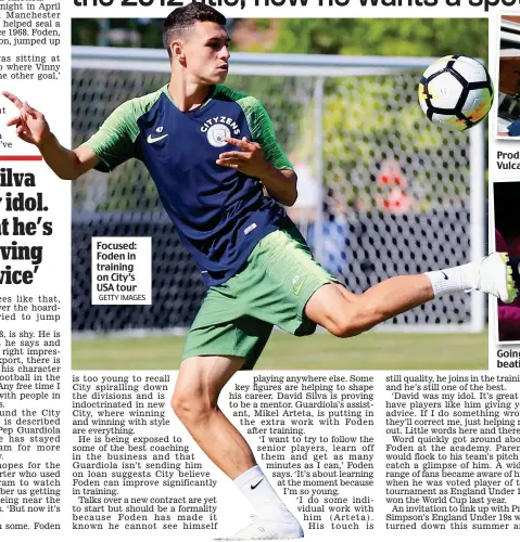  ?? GETTY IMAGES ?? Focused: Foden in training on City’s USA tour Prodigy: the young Foden with Reddish Vulcans Under 8s before joining City Going places: Guardiola and Foden after beating United last season