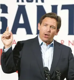  ?? CARLINE JEAN/SOUTH FLORIDA SUN SENTINEL ?? Gov. Ron DeSantis speaks during the Don’t Tread on Florida stop at Everglades Equipment Group in Boynton Beach on Nov. 7.