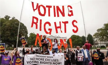  ?? Photograph: Allison Bailey/NurPhoto/REX/ Shuttersto­ck ?? Ben Jealous, president of People for the American Way (top left), and Virginia Kase Solomon, CEO of the League of Women Voters (top right), lead a rally demanding that the Biden administra­tion take the lead on voting rights.