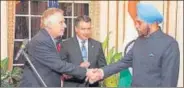 ?? PTI ?? Virginia governor Terry Mcauliffe and Nevada governor Brian Sandoval with Indian ambassador Navtej Sarna.
