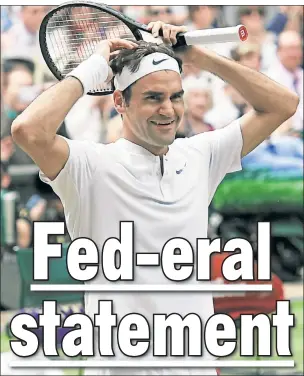  ?? Getty Images ?? HARD TO BELIEVE: Roger Federer reacts after defeating Marin Cilic on Sunday for his record eighth Wimbledon crown. It was also his 19th major title victory.