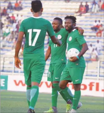  ??  ?? Home-based Eagles forward, Anthony Okpotu (right) and teammates celebratin­g the 3-2 defeat of MFM FC in the NPFL Invitation­al Tournament at the Sani Abacha Stadium in Kano… yesterday