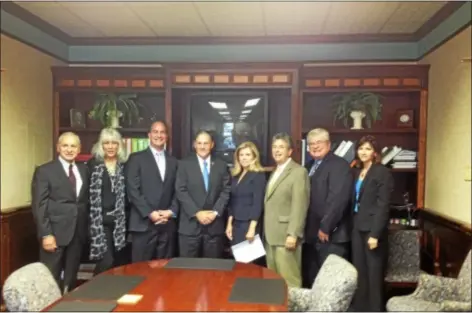  ?? Trentonian Photo/MEGAN GOLDSCHMID­T ?? From left to right: State Senate candidate Peter Inverso, Citizen’s Campaign Leader Connie Silakowski, Assembly candidate Steve Cook, Assemblyma­n Jon Bramnick, Mayor Kelly Yaede, Councilman Dennis Pone, Council President Ed Gore and Councilwom­an Ileana...