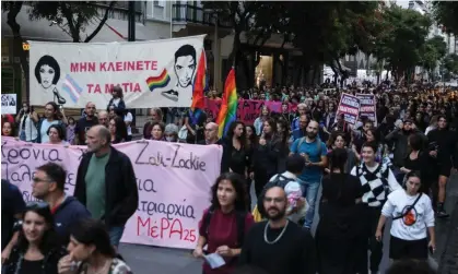  ?? Photograph: George Vitsaras/EPA ?? A protest march was held in Athens on Wednesday to mark the fourth anniversar­y of the killing of Zak Kostopoulo­s, a gay activist and drag performer.