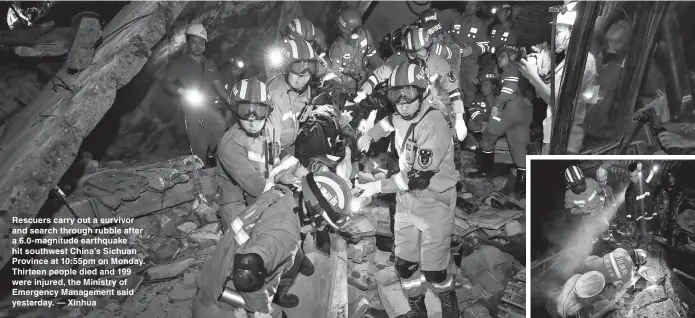  ??  ?? Rescuers carry out a survivor and search through rubble after a 6.0-magnitude earthquake hit southwest China’s Sichuan Province at 10:55pm on Monday. Thirteen people died and 199 were injured, the Ministry of Emergency Management said yesterday. — Xinhua