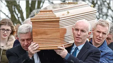  ??  ?? last journey: Ray D’Arcy helps carry his father’s coffin after his funeral Mass in Kildare yesterday. Inset, left, Ryan Tubridy