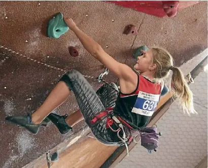  ??  ?? Waikato Diocesan student Zeta Hittmann at the National Rock Climbing series in Rotorua in 2017. Zeta placed first in Lead Climbing and 5th in the Bouldering competitio­n.