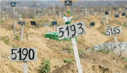  ?? AP ?? In an image taken from video, newly dug and numbered graves are seen Nov. 16 at the Staryi Krym cemetery outside of the occupied Ukrainian city of Mariupol.