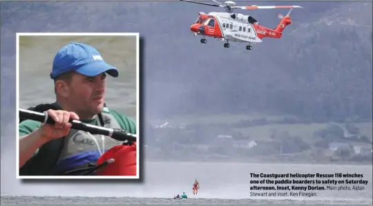  ?? Main photo, Aidan
Stewart and inset, Ken Finegan. ?? The Coastguard helicopter Rescue 116 winches one of the paddle boarders to safety on Saturday afternoon. Inset, Kenny Dorian.