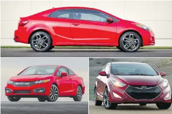  ??  ?? Two-door coupes for under $25,000: Clockwise from top, Kia Forte Koup, the Hyundai Elantra Coupe and the Honda Civic Coupe. At one point in history, almost every model lineup offered a two-door coupe.