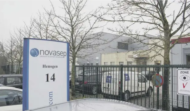  ??  ?? 0 The entrance of Novasep factory in Seneffe, Belgium where health authoritie­s conducted an inspection