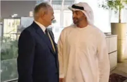  ??  ?? ABU DHABI: Abu Dhabi Crown Prince and Deputy Supreme Commander of the UAE Armed Forces Mohammed bin Zayed Al-Nahyan (right) meets Libya’s Khalifa Haftar, the head of the self-proclaimed Libyan National Army, on Saturday. — AFP