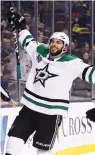  ?? (Reuters) ?? DALLAS STARS center Tyler Seguin celebrates after scoring the game-winning overtime goal against his former team, the Boston Bruins, to seal the Stars’ 3-2 road triumph on Monday night.