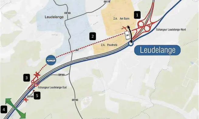  ??  ?? Der Verteiler Leudelinge­n-Nord wird beim Bau der Tram (blau) erweitert (1), die N 4 innerorts beruhigt (2), die Ausfahrt Leudelinge­n-Sud umgebaut (3), eine Wildbrücke errichtet (4) und der CR 169 gesperrt (5).