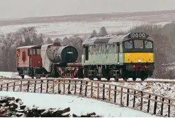  ??  ?? Class 25 D7628 Sybilla is seen passing Moorgates hauling a short train consisting of the boiler from LMS ‘Black Five’ No. 44806 from Grosmont Motive Power Depot to New Bridge Depot along a snowbound North Yorkshire Moors Railway on January 14. The boiler was bound for overhaul at Riley & Sons in Heywood and the Class 25 was to be transporte­d by road from New Bridge to Carnforth for tyre turning. While the 4-6-0’s boiler is away, the Grosmont MPD team will continue to work on the chassis of the ‘Black Five’, so it will be ready when the boiler is returned. LUKE TAYLOR