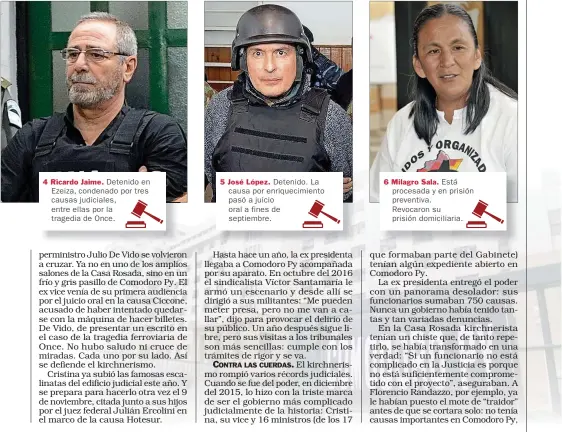  ??  ?? 4 Ricardo Jaime. Detenido en Ezeiza, condenado por tres causas judiciales, entre ellas por la tragedia de Once. 5 José López. Detenido. La causa por enriquecim­iento pasó a juicio oral a fines de septiembre. 6 Milagro Sala. Está procesada y en prisión...