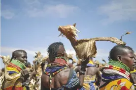  ?? — AFP ?? TURKANA: Turkana woman hold and launch dead animals they lost due to a biting drought that has ravaged livestock population in northern Kenya near Lokitaung.