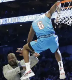  ?? CHUCK BURTON/AP ?? OKLAHOMA City Thunder Hamidou Diallo leaps over former NBA player Shaquille O’neal during the NBA All-star Slam Dunk contest, Saturday, Feb. 16, 2019, in Charlotte, N.C. Diallo won the contest.