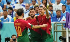  ?? Silva. Photograph: Javier García/Shuttersto­ck ?? Bruno Fernandes (centre) celebrates his opening goal for Portugal with Cristiano Ronaldo and Bernardo