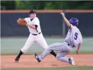  ??  ?? South Pittsburg’s Micah Genter throws to first to complete the double play as Marion County’s Eric Layne is out at second.