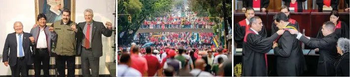  ??  ?? Los presidente­s Salvador Sánchez (El Salvador), Evo Morales (Bolivia), Maduro y Miguel Díaz Canel (Cuba). Entre una multitud pasó la caravana presidenci­al hasta llegar al Tribunal Supremo de Justicia. Maduro recibiendo, de manos de Maikel Moreno, presidente del Tribunal Supremo, la banda presidenci­al.