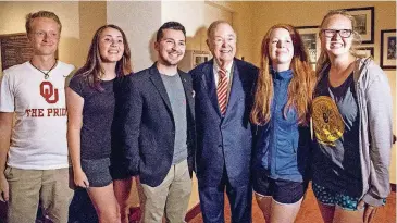  ?? OKLAHOMAN] [PHOTO BY CHRIS LANDSBERGE­R, THE ?? University of Oklahoma President David Boren poses for a photo with students Wednesday.