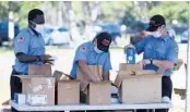  ?? JOHN RAOUX/AP ?? Orange County Fire Rescue members pack personal protective equipment items, including masks and hand sanitizer, in bags to be handed out to businesses Wednesday.