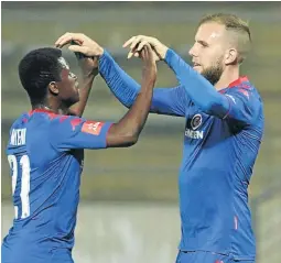  ?? / LEFTY SHIVAMBU/GALLO IMAGES ?? Sifiso Myeni and Jeremy Brockie scored late as SuperSport beat Platinum Stars.