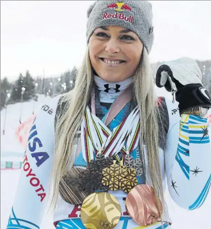  ?? FOTO: AP ?? A lo largo de sus 19 años como profesiona­l Vonn ha conseguido ocho medallas en los Mundiales y tres en los Juegos Olímpicos