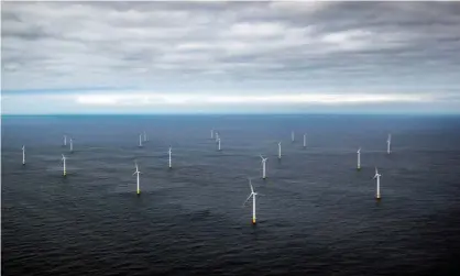  ?? Photograph: Danny Lawson/PA ?? The Race Bank windfarm off the Norfolk and Lincolnshi­re coast of England, with 91 huge turbines.