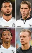  ?? Fotos: dpa ?? Stehen nicht mehr im WM Kader für Russland: (von links oben im Uhrzeiger sinn) Jonathan Tah, Nils Petersen, Bernd Leno und Leroy Sane.