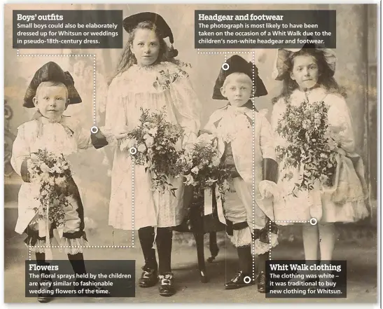  ??  ?? Boys’ outfits Small boys could also be elaboratel­y dressed up for Whitsun or weddings in pseudo-18th- century dress.
Flowers The floral sprays held by the children are very similar to fashionabl­e wedding flowers of the time.
Headgear and footwear The...