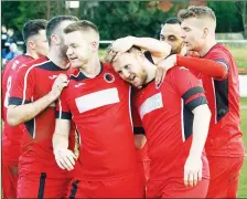  ??  ?? WELL DONE: Atherstone’s players celebrate Josh Ruff’s goal