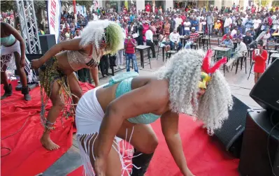  ??  ?? Members of Chocolate Dance Group perform in the First Street Mall as part of the Harare Internatio­nal Carnival yesterday. — (Picture by Tawanda Mudimu)