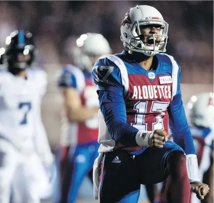  ?? ALLEN McINNIS ?? Rookie quarterbac­k Antonio Pipkin celebrates after scoring a touchdown during last week’s victory over the Toronto Argonauts. While Johnny Manziel passed the league’s concussion protocol on Tuesday, coach Mike Sherman isn’t tipping his hand on who will start Friday in Ottawa.