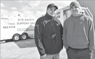  ?? CHRIS SHANNON/CAPE BRETON POST ?? Frankie Fahey, left, and Chris Angione, stand outside the Safety Check Inspection­s Ltd. office in the Harboursid­e Business Park in Sydney on Thursday. A succession plan involving the company’s owner, Greg MacMillan, is nearly complete as both Fahey and Angione officially take over the occupation­al health and safety training business in August.