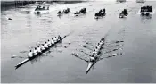  ?? ?? Walmsley, top left, inspecting a Royal Marine guard, and, above left, coxing Cambridge to victory in the 1962 Boat Race