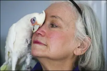  ??  ?? Madeleine Franco, founding president of Southern Nevada Parrot Education, Rescue & Rehoming Society, is nuzzled by a 19-year-old bare-eyed cockatoo named Molly.