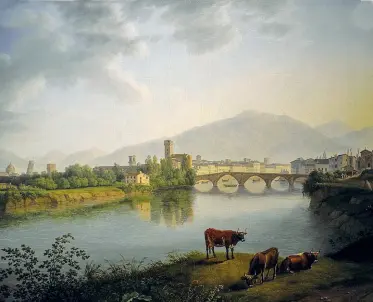  ??  ?? Il quadro «View of Pisa», 1800 di Jakob Philipp Hackert. Il dipinto del vedutista tedesco si trova al Wallraf-Richartz Museum di Colonia, in Germania