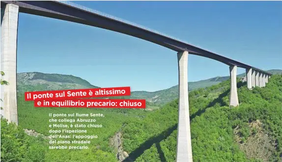 ??  ?? altissimo Il ponte sul Sente è e in equilibrio precario: chiuso Il ponte sul fiume Sente, che collega Abruzzo e Molise, è stato chiuso dopo l’ispezione dell’Anas: l’appoggio del piano stradale sarebbe precario.