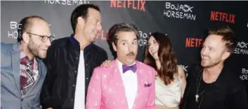  ?? ROBYN BECK/AFP/GETTY IMAGES ?? BoJack Horseman creator Raphael Bob-Waksberg, left, and cast members Will Arnett, Paul F. Tompkins, Alison Brie and Aaron Paul. The Netflix animated series, featuring edgy topics and demeanour, is an unlikely cult favourite.