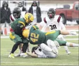  ?? Perry Laskaris / rpi athletics ?? rpi tackles Brockport quarterbac­k Joe Germinerio, left, a graduate of La Salle institute, on Saturday at Brockport.