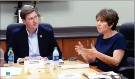  ?? Buy this photo at YumaSun.com PHOTO BY RANDY HOEFT/YUMA SUN ?? STATE REPRESENTA­TIVE CHARLENE FERNANDEZ (RIGHT), the State House Minority Leader, speaks during Thursday afternoon’s Economic Roundtable Discussion at Greater Yuma Economic Developmen­t Corporatio­n, 899 E. Plaza Circle, Suite 2. On the left is U.S. Representa­tive Greg Stanton, who also took part in the discussion.