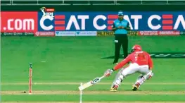  ??  ?? Square-leg umpire Nitin Menon called Chris Jordan for a the 19th over of Kings XI Punjab’s chase. ‘short run’ on the third ball of —Twitter