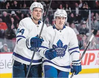  ?? ICON SPORTSWIRE VIA GETTY IMAGES FILE PHOTO ?? Fifty goals from young Toronto Maples Leafs stars Auston Matthews, left, and 90 points from Mitch Marner? It’s certainly conceivabl­e for this dynamic duo.