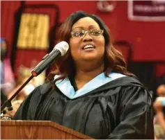  ?? (Pine Bluff Commercial/I.C. Murrell) ?? Pine Bluff School District Superinten­dent Barbara Warren says she is eager to get students and staff vaccinated against covid-19. Shown here, she is speaking at the Dollarway High School graduation ceremony in May.