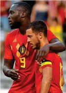  ??  ?? Double trouble: Hazard (right) celebrates with Lukaku